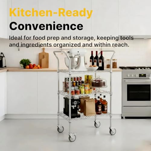 Northsky 3-Shelf Wire Utility Cart on Wheels, Chrome Finish Rolling Metal Shelving with Wheels, 550lb Capacity, 24" x 18" x 44.1", 3 Tier Rolling Cart for Kitchen Bar Storage Use - size: 24