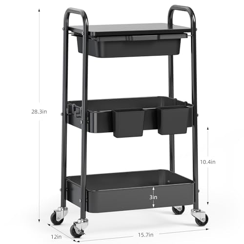 KINGRACK 3 Tier Metal Rolling Cart with Drawer, Black Utility Storage Cart - color: Black