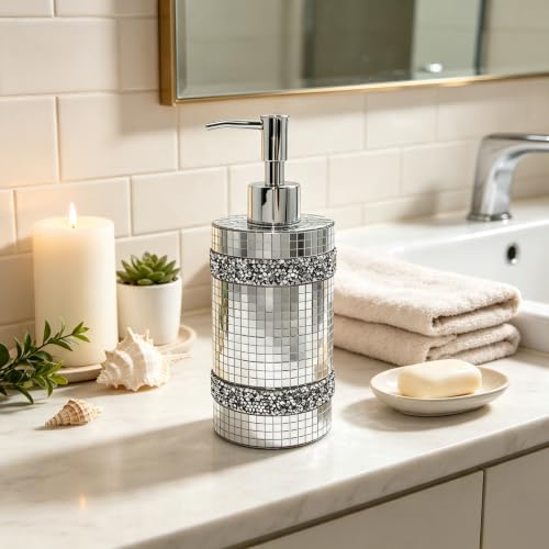 Silver Soap Dispenser,Mosaic Glass Decoration, 12oz Refillable - size: Soap Dispenser