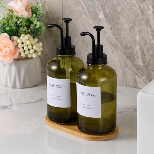 Glass Soap Dispenser with Pump, Dish and Hand Soap Dispenser for Kitchen Bathroom Set, Clear Glass Dispenser Set of 2 Pack with 18 Stickers Funnel Bamboo Tray 500ml 18oz Green - color: Glass Green