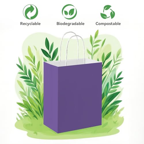 Brothersbox 100 Pack Paper Gift Bags with Handles, 8x4.75x10 Inch, Pueple - color: Purple