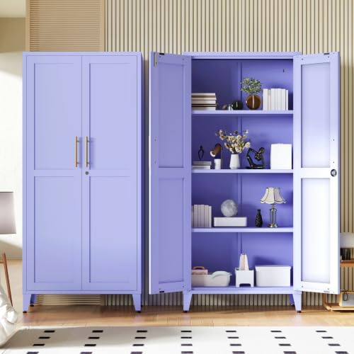 61" Tall Purple Lockable Metal Storage Cabinet, Farmhouse Pantry Cabinet with 2 Square-Pattern Doors & 3 Adjustable Shelves, Freestanding Cupboard with Legs for Home, Office, Laundry, Entryway - color: Lilac, style: Cabinet-61"H-DL