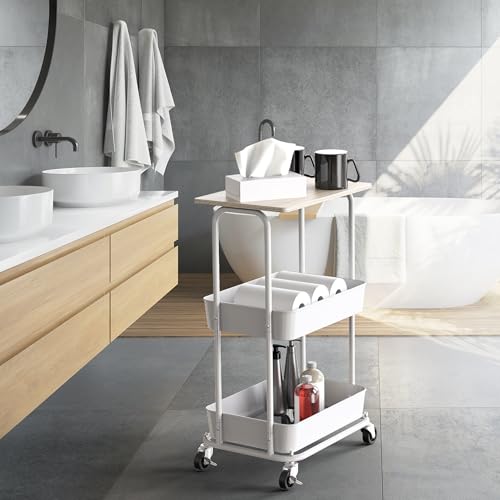 Simple Houseware 2-Tier Rolling Utility Cart Wood Top/Lockable Wheel, Maple - color: Maple