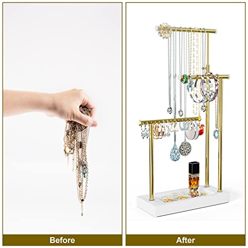 SRIWATANA Jewelry Organizer Display Extra Tall Necklace Holder 3 Tier Jewelry Tree Stand, Gift Idea (White & Gold) - color: White & Gold
