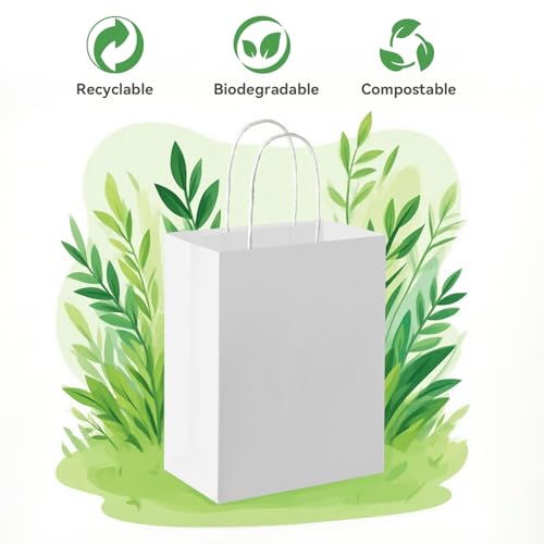 Brothersbox 100 Pack Paper Gift Bags with Handles, 8x4.75x10 Inch, White - color: White