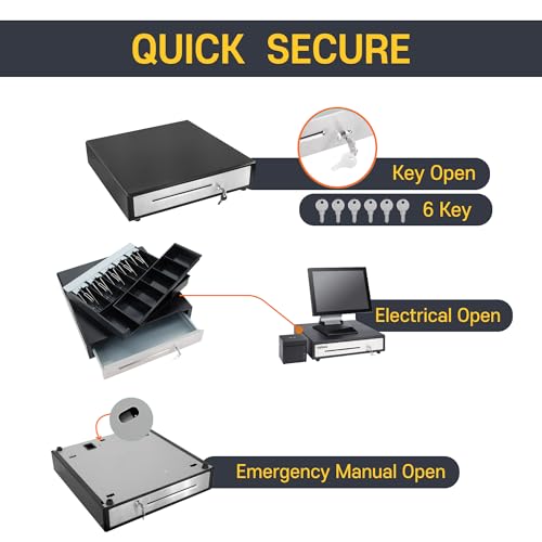 HK SYSTEMS BSM 16inch Cash Drawer for POS, No Logo, Black, DC 24V/Micro Switch, RJ12, 1slot, Removable and Adjustable cash tray 5-bill/5-coin Metal wire gripper, 6Keys #135, Stainless Steel front - size: 1. POS CASH DRAWER