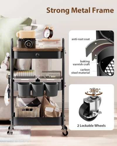 ALVOROG 3 Tier Metal Rolling Cart with Drawer,Wood Top,Pegboards,Black - color: Black