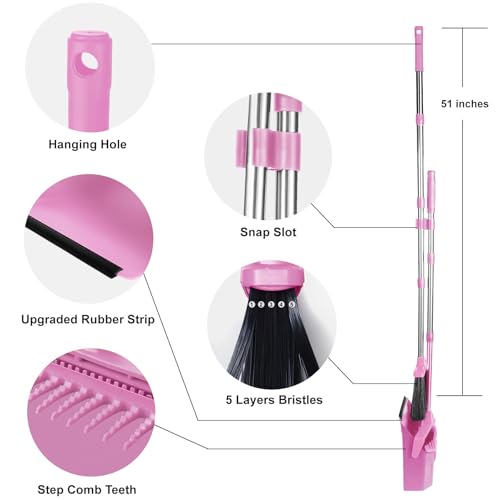 Tiumso Broom with Dustpan Combo Set, 51'' Broom and Dustpan Set, Brooms and Dust Pan with Handle, Brooms with Standing Dustpans, House Broom for Pets Hair and Floor Cleaning - Pink - color: Pink