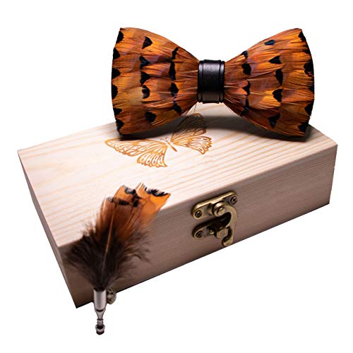 RBOCOTT Handmade Feather Pre-tied Bow tie and Brooch Sets for Men - color: Orange