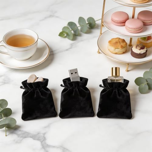 Black Velvet Drawstring Jewelry Bags, 3x4 Inch Small Storage Pouches for Bracelets, Rings, Earrings, Gifts - Pack of 10