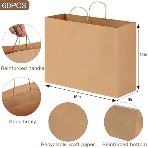 OUTUXED 60pcs 16x6x12 Inch Paper Bags with Handles, Brown Paper Gift Bags - color: Brown