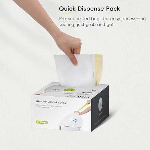 EKO 10.6 Gallon / 35–40 Liter Drawstring Trash Bags, 110 Count Heavy-Duty Tall Kitchen Garbage Can Liners, Extra-Strong Leak-Resistant, Unscented, White, Code M - size: 110 Count (Pack of 1), style: 10.6 Gallon Bags/Code M