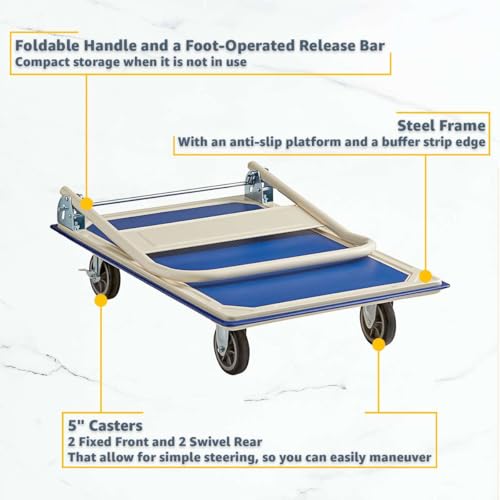 Steel Folding Platform Truck - 600 lb Capacity Cart with Foldable Handle, Non-Slip Deck & 5″ Brake Casters - Heavy-Duty Flatbed Dolly for Warehouse, Office, School - 36″ x 24″, Blue/Beige - size: 36" x 24" x 32"
