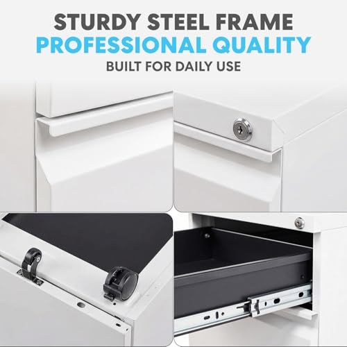 Simpli-Magic 3 Drawer Mobile File Cabinet with Lock Under Desk Metal Filing Cabinet for Home Office Organizer Fully Assembled Letter Legal A4 White