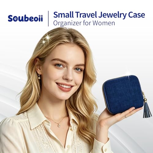 Small Travel Jewelry Case with Earring Box Mini Jewelry Case - color: Navy Blue