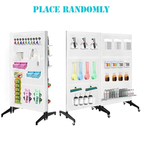 NectaCol 3'x 6' Pegboard Display Stand with T-Base, Metal Peg Board Display Stand with Wheel, Standing Pegboard Display with 20 Pieces Hooks, White - color: White