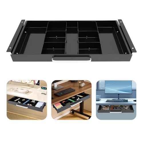 Under Desk Drawer, Mounted Sliding Pull-out Drawer, Pull-out Storage Organizer with Compartment, Pull-out Drawer with Lock, Standing Desk Drawer Attachment, for Store Items, 21.5*10.2*2.1in (Black)