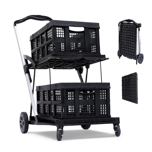 2 Tier Folding Shopping Carts, Multipurpose Rolling Trolley with 360 Rolling Swivel Wheels & Storage Crate, Rolling Organizer for Groceries, Warehouse,Outdoor, 2 Cargo Boxes