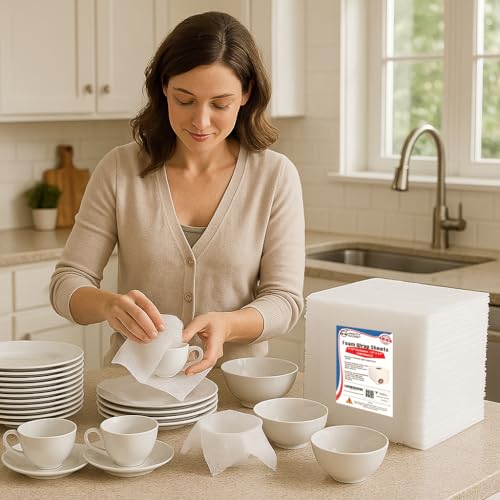 Mighty Gadget 100-Pack Foam Packing Sheets, 12" x 12" (1/16" Thick) Polyethylene, Pre-Cut Non-Abrasive Cushioning for Moving Shipping Storage, Dishes Glassware, Made in USA