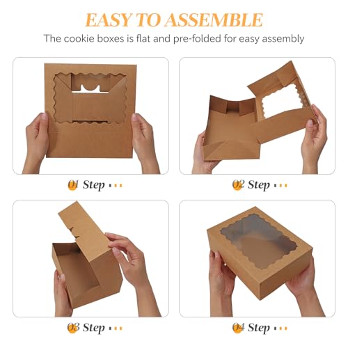 COTOPHER 50pcs Cookie Boxes with Window, 8x8x2.5in Auto-Popup Bakery Box - color: Brown, size: 8x8x2.5inch