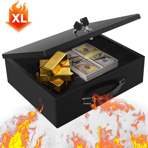 Fireproof Document Box with Key Lock – Fire Resistant Safe Box for Home, Portable Lock Box for Personal Items, Passport, Cash, Tablet, 13.2" x 11" x 4.13" Black XL - size: XL+key