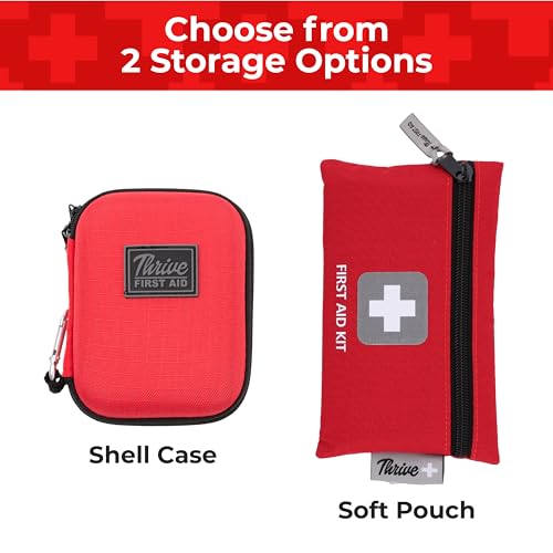 Thrive Mini First Aid Kit - Compact Travel Essentials Pack - Waterproof Camping Essentials Set - Portable Car First Aid Kit & Hiking Supplies Pouch - 66-Piece Set, Red Shell Case - style: 66 Piece - Shell