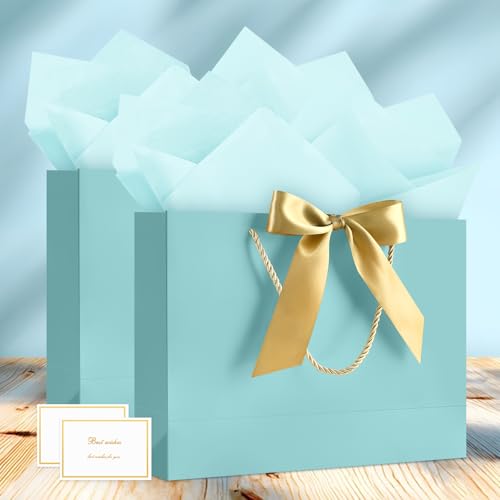 YoungTree Gift Bags with Handles, 12.6" Medium Gift Bag with 2 Tissue Paper and 1 Card for Graduation Wedding Baby Shower Bridal Shower Engagement Anniversary Birthday Party (Light Blue) - color: Light Blue - 1PCS, size: 1 Count (Pack of 1)