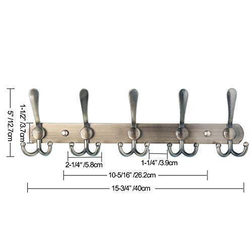 Dseap Coat Rack Wall Mounted - 5 Tri Hooks, Heavy Duty, Stainless Steel, Metal Coat Hook Rail for Coat Hat Towel Purse Robes Mudroom Bathroom Entryway,Bronze - color: Bronze, size: L=16" (1 Pcs)