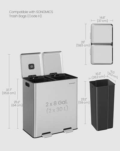 SONGMICS Trash Can, 2 x 8 Gallon, Soft-Close Lids, Stainless Steel - color: Silver, size: 2 x 8 Gal. (Old)