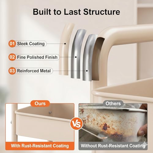 2 Tier Small Rolling Cart Metal with Wheels, 22 Inch Beige Under Desk Carts - color: Gentle Beige, size: 2 Tier + Cups + Hooks