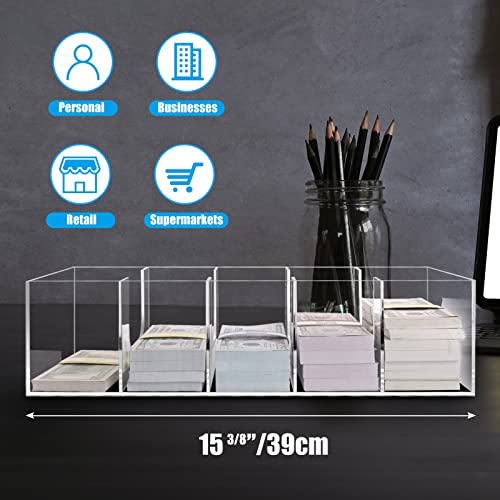 Clear Cash Tray With 300 Currency Wrappers, Acrylic Money Organizer Storage Change Box Case - 5 Compartments