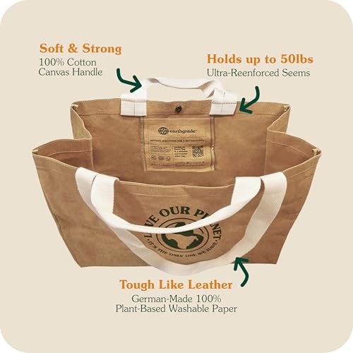 Reusable Grocery Bag – Large Sustainable Washable Paper Tote with Reinforced Seams. Foldable and Durable. - style: Large Tote - 11" X 24" X 17"