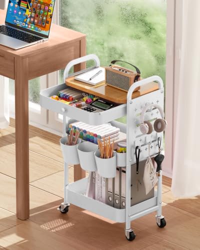 ALVOROG 3 Tier Metal Rolling Cart with Drawer,Wood Top,Pegboards,White - color: White