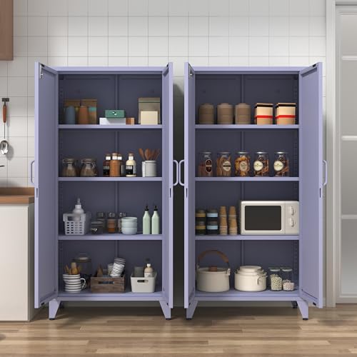 61" Tall Purple Farmhouse Metal Kitchen Pantry Cabinet, Lockable Freestanding Storage Cabinet with 2 X-Shape Metal Doors & 3 Adjustable Shelves, Cupboard with Legs for Home, Bedroom, Garage, Office - color: Lilac, style: Pantry-61"H-DH