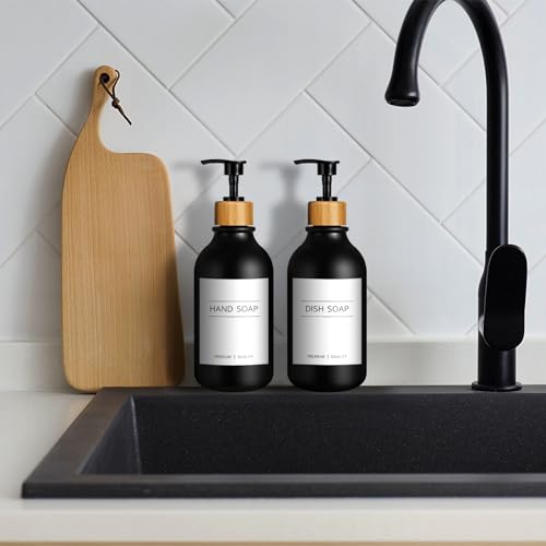 KASUNTING Hand Soap Dispenser Bathroom, Black Dish Soap Dispenser for Kitchen, 17 Fl Oz Plastic Hand and Dish Soap Dispensers Set with Bamboo Pump, 2 Pack Refillable Liquid Lotion Containers Bottle - color: Black, size: 2 Bottles