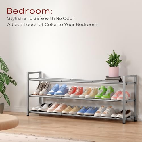 Bumusty 3 Tier Long Expandable Shoe Rack for Closet, Light Grey - color: Light Grey, size: 3-tier