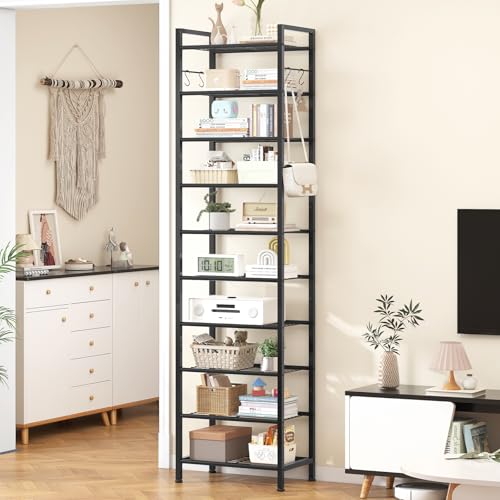 usikey 10 Tiers Narrow Shoe Rack 20-30 Pairs, Sturdy Metal Tall Shoe Rack Shelf with 4 Hooks, Slim Shoe Storage with Metal Shelf, Space Saving Vertical Shoe Organizer for Closet Entryway, Black - color: 10 Tier ( 17.9 X 11 X 69.2 Inches)-black