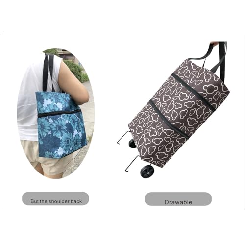 Reusable Grocery Bags with Waterproof Coating and Folding Wheels - color: Green Flower