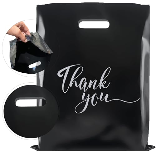 Rainbows & Lilies Thank You Plastic Bags with Handles, Black 100pk 12x15 in - color: Black
