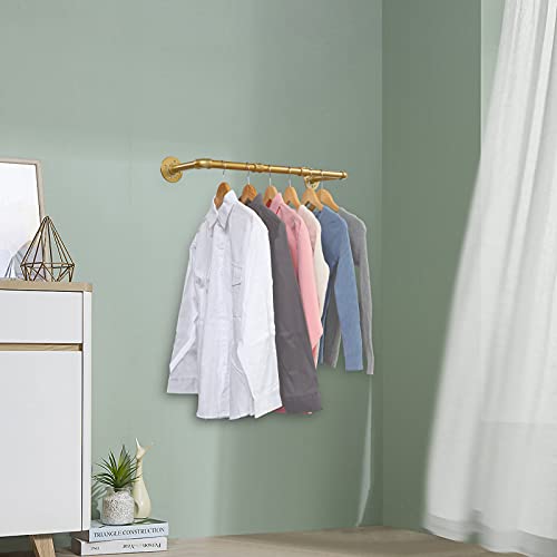 Industrial Pipe Gold Clothing Rack, 30 Inch Wall Mounted Golden Clothes Rack, Industrial Pipe Clothes Hanger Rack, Iron Golden Pipe Clothes Hanging Bar, Heavy Duty Metal Rod for Retail Display Laundry - color: Gold
