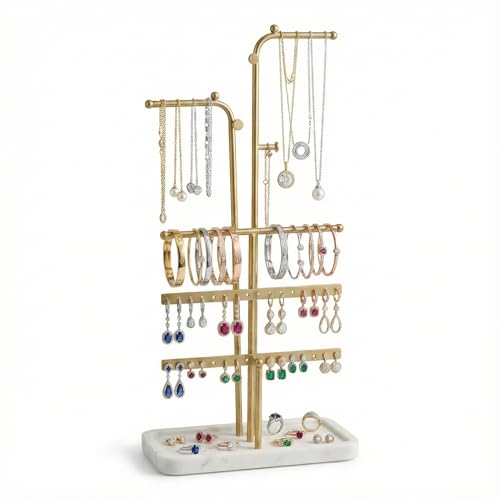 Gold L-Shaped Jewelry Tower – 15.4 in Tall Space-Saving Stand for Necklaces, Bracelets & Earrings - color: Gold L-Shaped