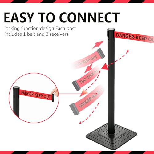 4 Pack Crowd Control Stanchions with 10FT Retractable Red Warning Belt - color: DANGER-KEEP OUT BELT