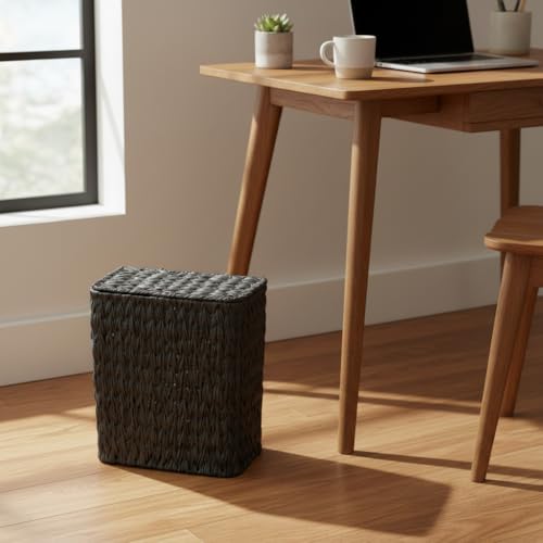 Wicker Trash Can with Lid & Liner, Small Bathroom Waste Basket, Black - color: black