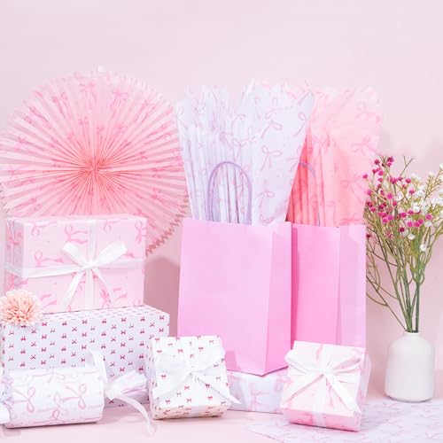 Larcenciel Pink Bow Tissue Paper, Coquette Gift Wrapping Tissue Paper for Gift Bags, Boxes & Crafts, Elegant Art Packaging Supplies for Birthday, Wedding, Baby Shower, Holidays Deco, 60 Sheets 20x14in - color: Pink Bow
