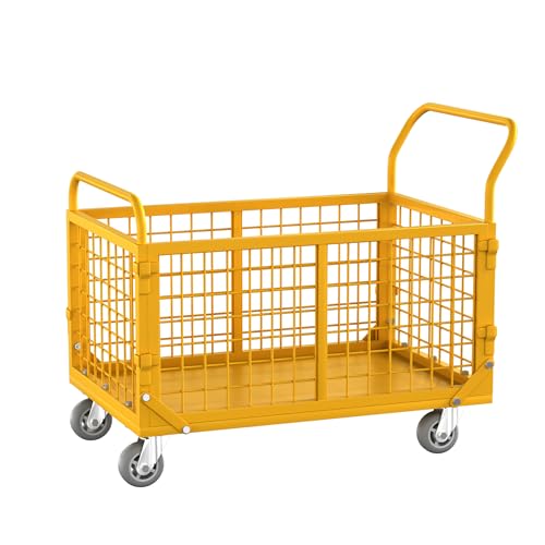 Platform Truck with Cage,5-in-1 Collapsible Heavy-Duty Push Cart Dolly Load 1800 LB,Large Flatbed Hand Truck for Grocery/Laundry/Stall/Storage - color: Yellow