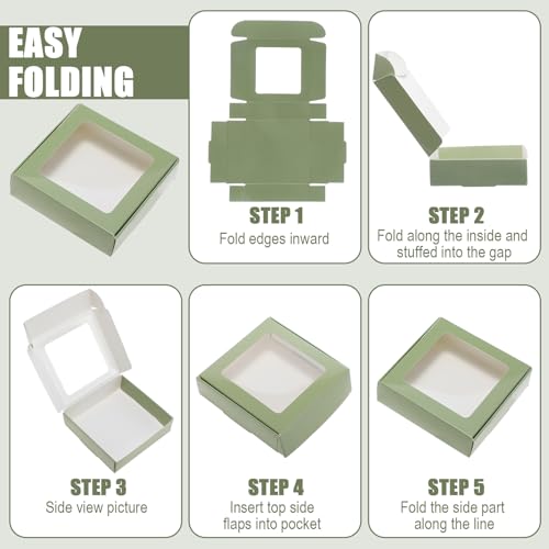 Zonon 30 Pcs Kraft Paper Boxes with Window 4.13x 4.13x1.18inch (Dark Green) - color: Sage Green