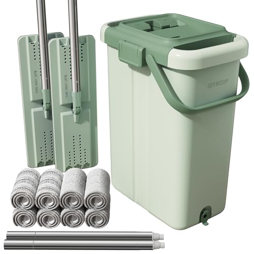 JOYMOOP Flat Mop System, Microfiber Mop and Bucket Set, Green, Household & Commercial Floor Cleaning Mop, Includes 2 Mops and 8 Large Microfiber Pads - color: Green Max582, size: 60 inch