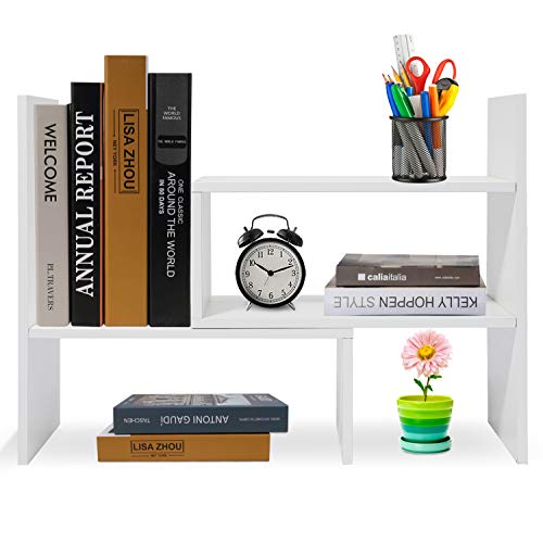 Hossejoy Wood Adjustable Desktop Storage Organizer Display Shelf Rack, Office Supplies Desk Organizer,White - color: White
