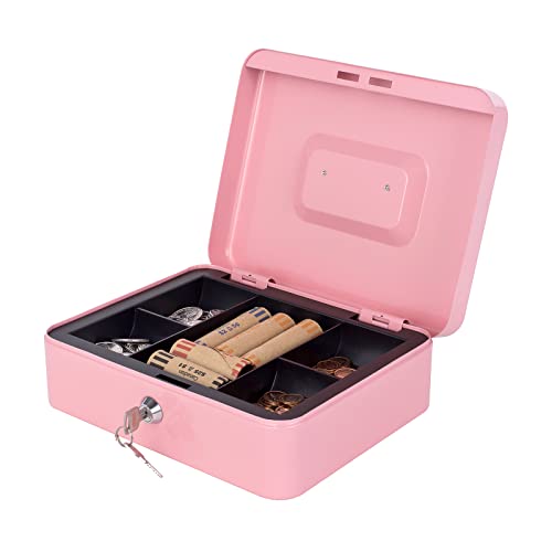 Cash Box with Money Tray and Lock, Metal Money Box for Cash Black + Pink