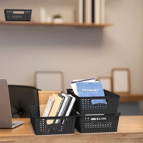 Simple Houseware Stackable Plastic Woven Basket Organizer, 6 Pack, Black - color: Black, size: 6 Pack